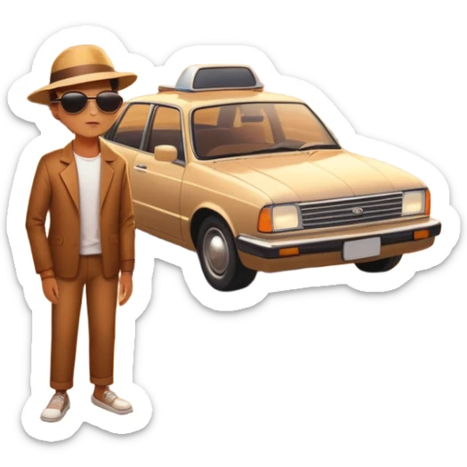 A parked car rests on the side of a long with a person outside , empty road stretching toward a golden sunset. The sky glows with warm colors, and the landscape ahead feels open, peaceful, and full of promise. sticker