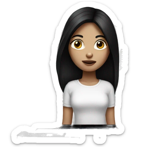 Girl with dark black hair black eyes and white skin hold macbook sticker