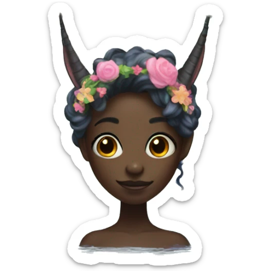 generate a dark-skinned fairy with a unicorn horn who circles the water with a flower wreath sticker