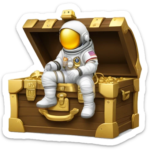 astronaut sitting on top of a treasure chest, astronaut helmet, gold chest, faceless sticker