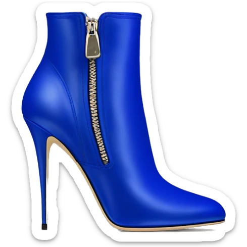 Realistic isolated top view of a pair of cobalt blue Jimmy Choo stiletto zippered ankle boots.  sticker