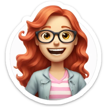 Pale, Long Wavy haired red head, girl with pink circular glasses glasses laughing and pointing sticker