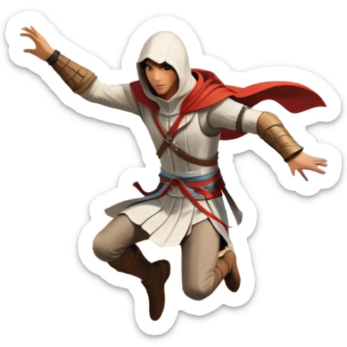 An icon featuring a hero performing a leap of faith from a tower in Florence, inspired by adventure games like Assassin's Creed. The design captures the dramatic moment mid-air, with detailed architecture and a bustling city below. Transparent background sticker