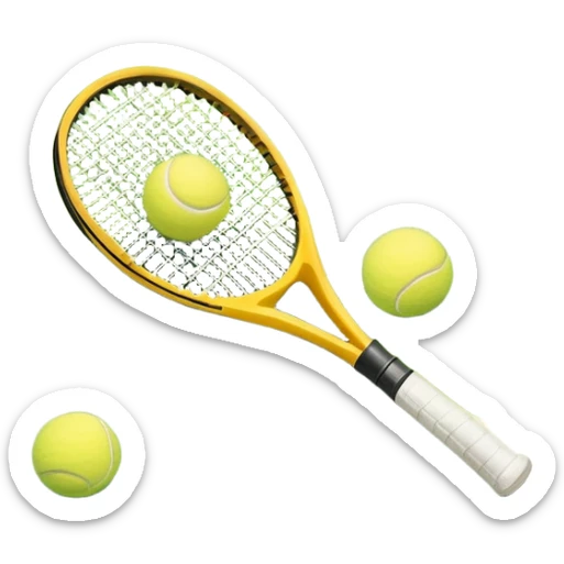 A tennis racket and ball placed on the grass court, with the lines of the court clearly visible in the background. The scene captures the essence of the sport, highlighting the equipment and the vibrant, open atmosphere of a tennis match sticker