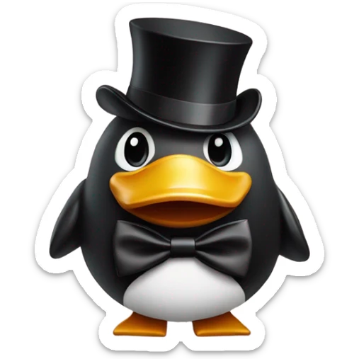 Piggy bank in the shape of a duck but with a top hat and a tuxedo and a bow tie sticker
