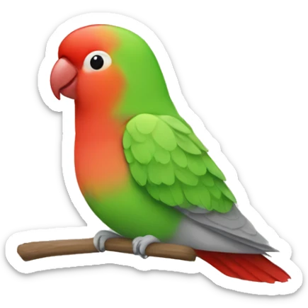 Red and green lovebird with a white and gray sticker