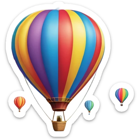 a clear sky and distant hills in the background with A colorful hot air balloon floating gracefully above the ground. The balloon's vibrant colors stand out against the soft clouds, capturing the peaceful yet adventurous spirit of hot air ballooning. sticker