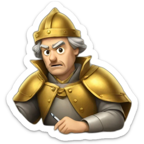 middle ages taxman, angry, writing on a paper, pile of gold sticker