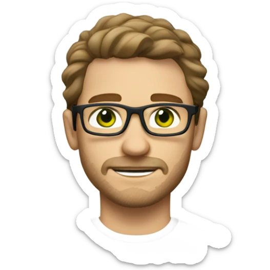 Caucasian male, shoulder length wavy brown hair, green eyes, brown glasses, stubble sticker