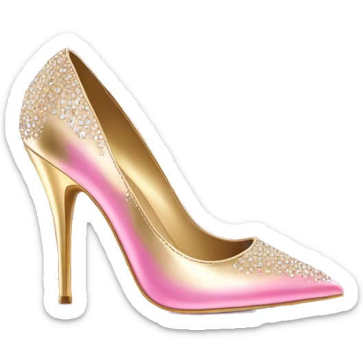 Realistic isolated top view of a pair of metallic light gold and metallic light bubblegum pink pointed toe high heel shoes with gold diamonds on the top of the toes. sticker