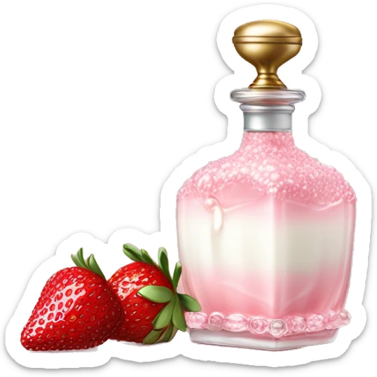 Antique parfumerie bottle with oil, made of red crystals, white cream and pink strawberry milk pour from the bottle sticker