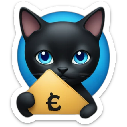 a black cat with blue eyes holding a freedom finance company sign in her hand sticker