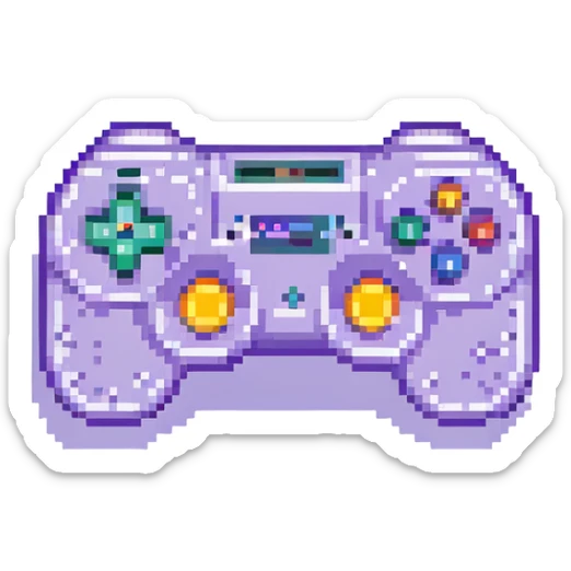 A pixel art style business card with a purple background and white text, featuring a pixel art game controller icon. sticker