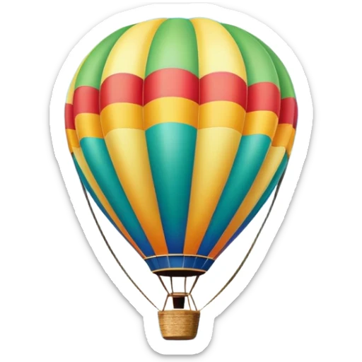 A colorful hot air balloon floating gracefully above the ground, with a clear sky and distant hills in the background. The balloon's vibrant colors stand out against the soft clouds, capturing the peaceful yet adventurous spirit of hot air ballooning. sticker