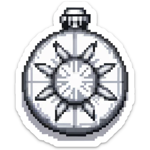 Black digital bomb with shuriken or ninja star ornament on top, round bomb body with silver highlights and details, sleek ninja-inspired design, pixel art style sticker