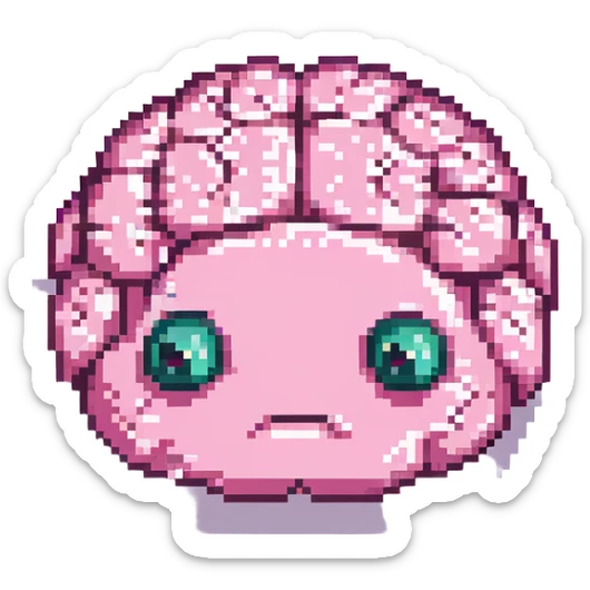 16-bit pixel art of a pink brain-shaped blob with sad droopy eyes and downturned mouth, smooth rounded brain texture, simple retro gaming style sticker