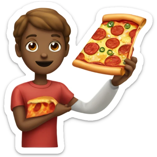 Una persona confundida con pizza de peperoni en una mano y en la otra una pizza de tocineta sticker