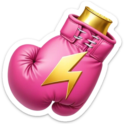 pink boxing glove with golden lightning bolts, female symbol ♀ on the backhand, sparkling stardust particles in the background sticker