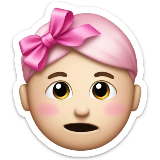 Shy emoji w/ hand above mouth with a pink ribbon on the side of his head  sticker