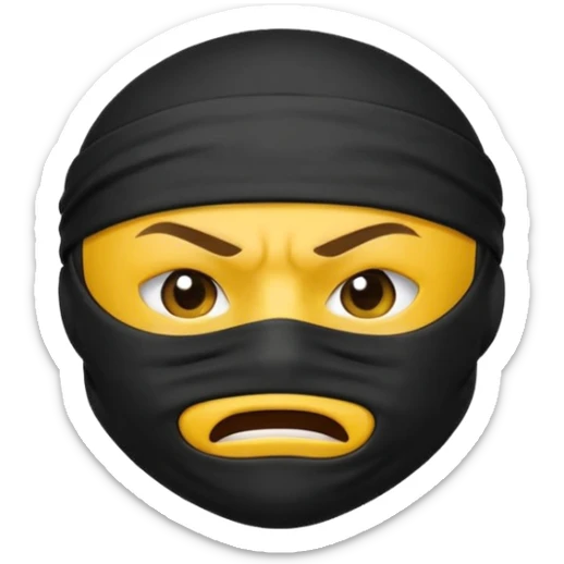 ninja face emoji with black mask fully covering mouth, standard yellow emoji face, black headband, very angry expression sticker