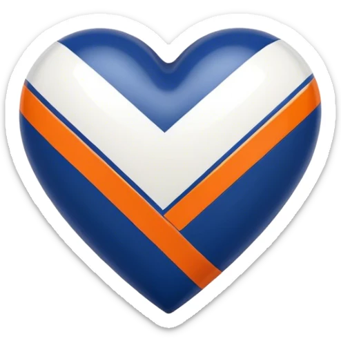 Glossy, sporty dark blue heart with diagonal white and orange athletic stripes going down one side sticker