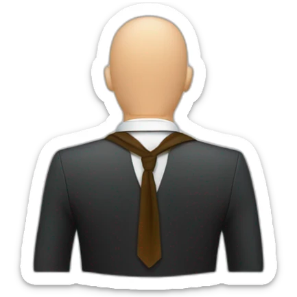 White head shaved man with a scarf on the back of the head wearing a beard view from back. Wearing a Suit sticker
