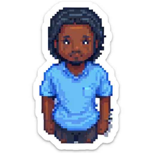 pixel emoji black man, pixel art style, black skin tone, pixelated, 8-bit, wearing a blue shirt sticker