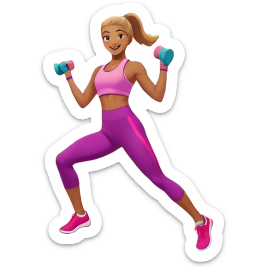 An energetic person performing an aerobics workout in a brightly lit gym, jumping and stretching with enthusiasm. The scene includes vibrant fitness equipment like dumbbells and exercise mats, with a background of cheerful, motivating colors, conveying energy and movement. sticker