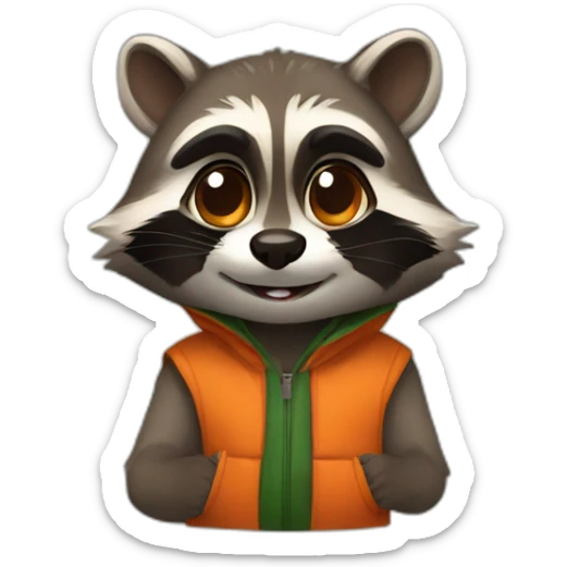 a small brown raccoon with orange eyes with a dark green hood that laugh sticker