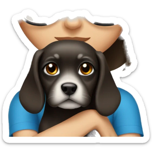 bob haired Brunette with glasses and blue eyes Girl with small gray dog. Girl has blue eyes sticker