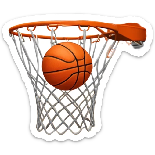 A close-up of a basketball swishing through the hoop, with the net slightly bouncing. The background features a blurred basketball court, capturing the excitement and precision of scoring in the game. sticker