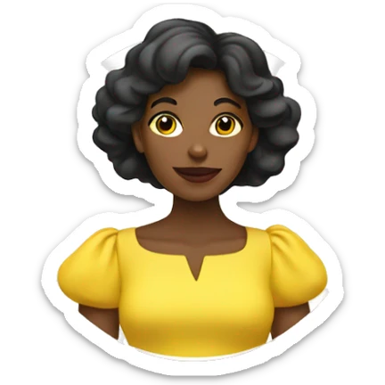 Black woman in yellow dress with bitt emoji behind her sticker