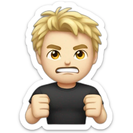 light haired angry young man in dark t-shirt with both fists clenched to his forehead sticker