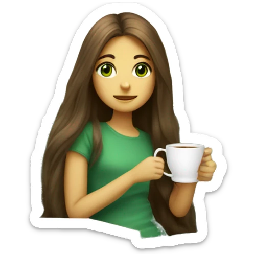 Girl with long brun hair green eyes drink tea and seat in sofa with pled  sticker