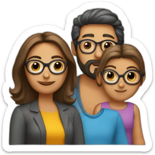 Familia 4 personas papá moreno con tupé gafas y barba mamá con corte bob hermana mayor pelo largo hermano pequeño pelo rizado sticker