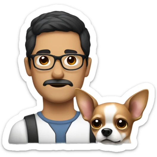 dark hair dark eye man with short mustache wearing glasses holding chihuahua sticker