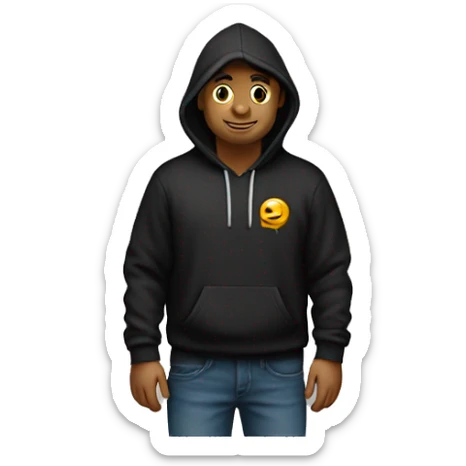 A guy wearing a black hoodie having right side of his chest a universal memento text logo sticker