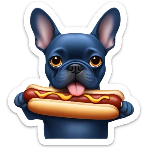 dark blue french bulldog eating hot dog  sticker