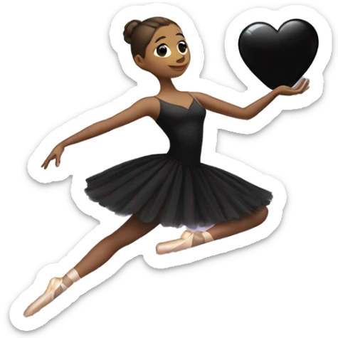 A ballerina in a black dress holds a black heart on her outstretched hand sticker