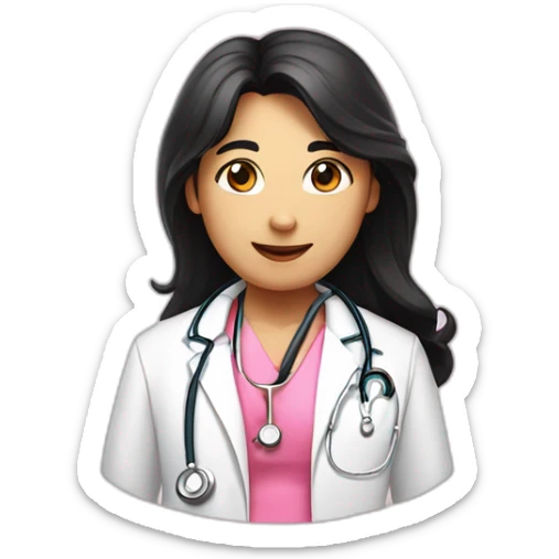 Long black hair doctor in pink undershirt white coat over pink stethoscope  sticker