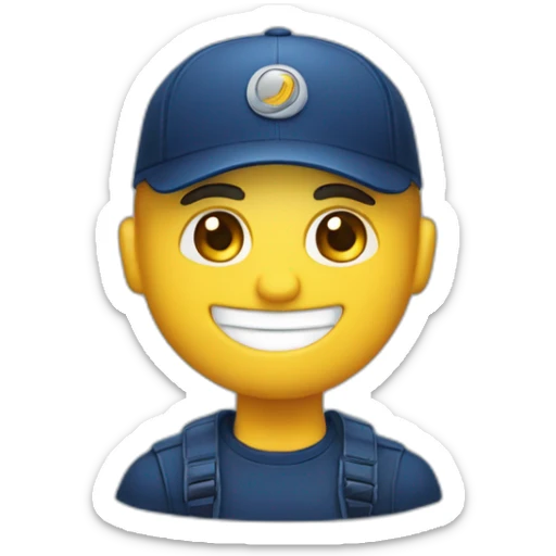 Quiero un emoji sonriendo que tenga una gorra azul marino y que tenga escrito Proyectos Anyjo sticker