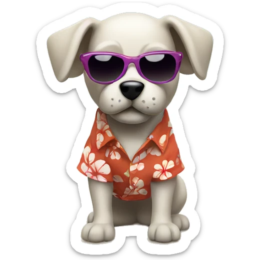 Dog wearing a Hawaiian shirt and sunglasses walking on a beach sticker