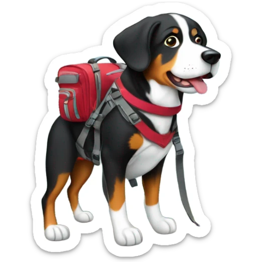 A greater Swiss mountain dog hiking up a cliff with her own doggy backpack sticker