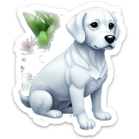 A dog made of glass mirror crystals prisms glass transparent filled with plants as a terrarium with graffiti doodles sticker