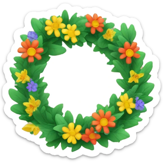 Create an image wreath of colourful flowers and green oak leaves in style of iOS emoji sticker