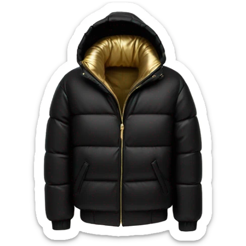 “Create an emoji of a black puffer jacket with a shiny metallic gold inner lining, featuring a hood and a sleek, modern style sticker