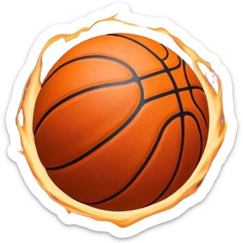 Cinematic Realistic image of a basketball captured in dynamic motion, with detailed surface textures and a slight motion blur, set against a vibrant urban backdrop with energetic lighting sticker