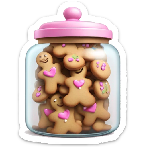 Realistic glass cookie jar with light pink lid full of gingerbread cookies isolated.  sticker