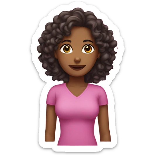 brownskin woman with dark long curly hair and wearing pink sticker