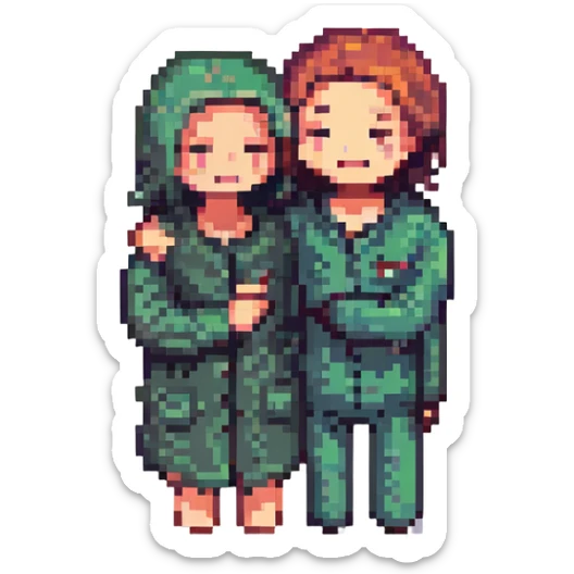 A person hugging another person with a mysterious smile and a finger to their lips sticker